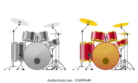 Drum sets black-and-white and color on white background.