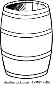Drum Shaped große Behälter aus Holz, das zur Lagerung von Flüssigkeit, Vintage-Linie Zeichnung oder Gravitation Illustration verwendet wird.