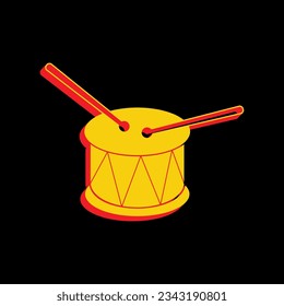 Drum sign. 3D Extruded Yellow Icon with Red Sides a Black background. Illustration.