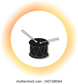 Drum sign. Dark icon with shadow on the glowing circle button. Illustration.