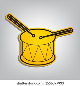 Drum sign. Flat orange icon with overlapping linear black icon with gray shadow at whitish background. Illustration.