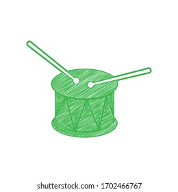 Drum sign. Green scribble Icon with solid contour on white background. Illustration.