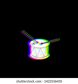 Drum sign. Red, green and blue unfocused contour icon at black background. Illustration.