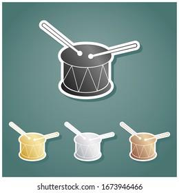 Drum sign. Set of metallic Icons with gray, gold, silver and bronze gradient with white contour and shadow at viridan background. Illustration.