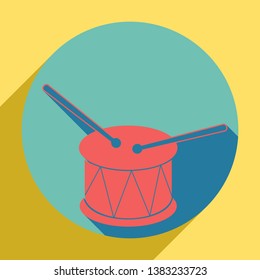 Drum sign. Sunset orange icon with llapis lazuli shadow inside medium aquamarine circle with different goldenrod shadow at royal yellow background.