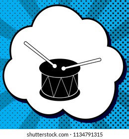 Drum sign. Vector. Black icon in bubble on blue pop-art background with rays.