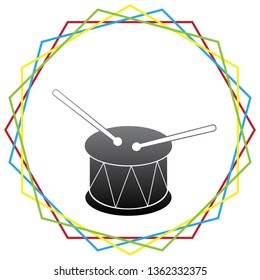 Drum sign. Vector. Black icon with patch of light inside colorful hexagonal frames at white background.