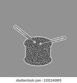 Drum sign. Vector. Black maze filled icon with white border at gray background.