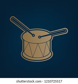 Drum sign. Vector. Golden icon and border at dark cyan background.