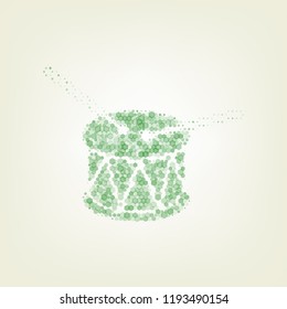 Drum sign. Vector. Green hexagon rastered icon and noised opacity and size at light green background with central light.