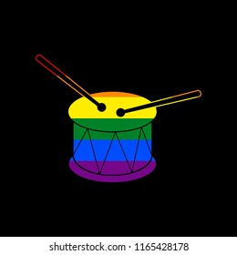Drum sign. Vector. Icon with colors of LGBT flag at black background.