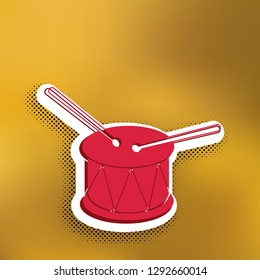 Drum sign. Vector. Magenta icon with darker shadow, white sticker and black pop art shadow on golden background.