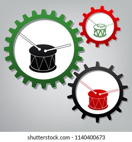 Drum sign. Vector. Three connected gears with icons at grayish background.