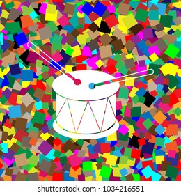 Drum sign. Vector. White icon on colorful background with seamless pattern from squares.