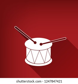 Drum sign. Vector. White icon with limitless shadow at ruby red background.