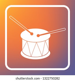 Drum sign. Vector. White icon on transparent button at orange-violet gradient background.