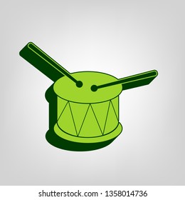 Drum sign. Vector. Yellow green solid icon with dark green external body at light colored background.