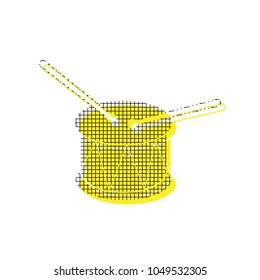 Drum sign. Vector. Yellow icon with square pattern duplicate at white background. Isolated.