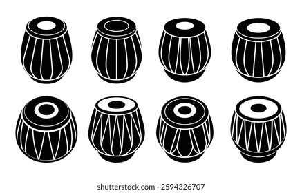 Drum silhouette vector, black and white silhouette, vector Set of Tabla Drum Silhouettes