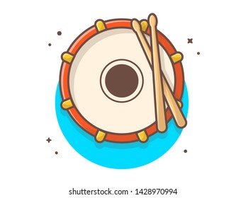 Drum Snare Icon with Drum Sticks Music Vector Illustration. Festival Carnival Drum Logo. Flat Cartoon Style Suitable for Web Landing Page,  Banner, Flyer, Sticker, Wallpaper, Card, Background