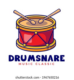 Drum Snare with Sticks Mascot Cartoon Logo Template. Drum Music Tool Editable Logo. Music and Hobby Concept Flat Cartoon Style