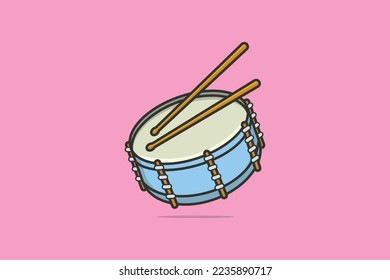 Drum Snare with Sticks vector illustration. Music instrument object icon concept. Drum musical symbol or snare drum with sticks vector design on pink background with shadow.