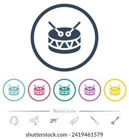 Drum solid flat color icons in round outlines. 6 bonus icons included.
