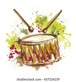 Drum with splashes in watercolor style. Hand drawn vector illustration