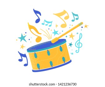 Drum and stick flat vector illustration. Snare with drumstick, professional drummer equipment isolated clipart. Carnival, festival celebration. Percussion, kids toy. Musical instrument with notes