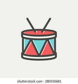 Drum with stick icon thin line for web and mobile, modern minimalistic flat design. Vector icon with dark grey outline and offset colour on light grey background.