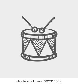 Drum with stick sketch icon for web and mobile. Hand drawn vector dark grey icon on light grey background.