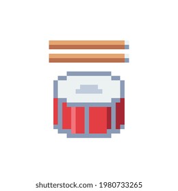Drum and sticks, 1-bit pixel art web icon. Design for logo game, sticker, web, mobile app, badges and patches. Isolated vector illustration.