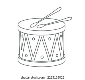 Drum with sticks Baby Toy. Vector illustration of Snare in white and black colors on isolated background for coloring book. Drawing of vintage wooden acoustic instrument in outline. 3D Illustration