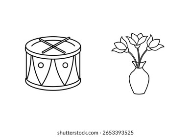 Drum with sticks and flowers in vase percussion musical instrument