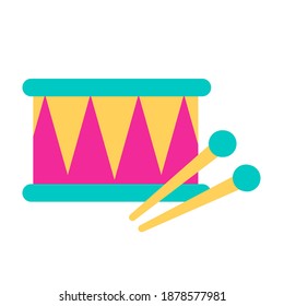 Tambor con icono de palos. Ilustración de instrumentos musicales vectoriales cortos aislados en fondo blanco. С elemento de juguete de artoon para los niños. Diseñar objetos de color plano, clipart en colores brillantes
