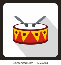Drum with sticks icon in flat style with long shadow. Musical instrument symbol vector illustration