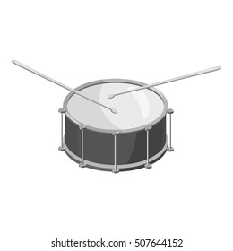 Drum with sticks icon. Gray monochrome illustration of drum with sticks vector icon for web