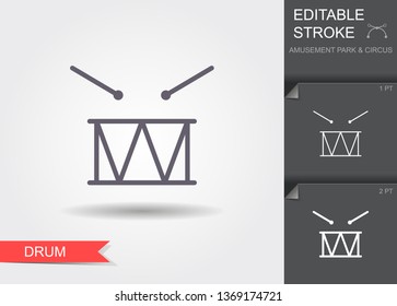 Drum with sticks. Line icon with editable stroke. Linear symbol