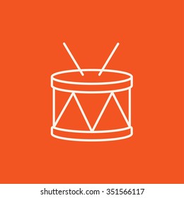 Drum with sticks line icon for web, mobile and infographics. Vector white icon isolated on red background.