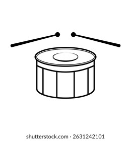Tambor com palitos Contorno Vetor Ilustração. Ilustração vetorial em preto-e-branco de um tambor cilíndrico com duas baquetas posicionadas acima dele. 