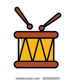 tambor con palos sobre fondo blanco, estilo de línea y relleno, ilustración vectorial
