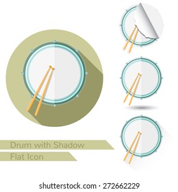 drum and sticks top view flat icon on white with oval long shadow and folded corner