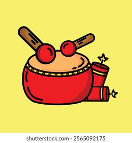  A drum and sticks used to make a loud sound. Celebrating Chinese New Year. Vector Illustration.