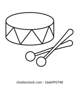 drum and sticks vector outline icon in linear style. For coloring in the children's magazine. Isolated background.
