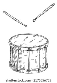 Tambor con palos. Ilustración de grabado negro vectorial aislada en blanco