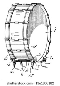 Drum Support is a percussion instrument consisting of a hollow cylinder or hemisphere with a membrane stretched tightly over one or both ends, vintage line drawing or engraving illustration.