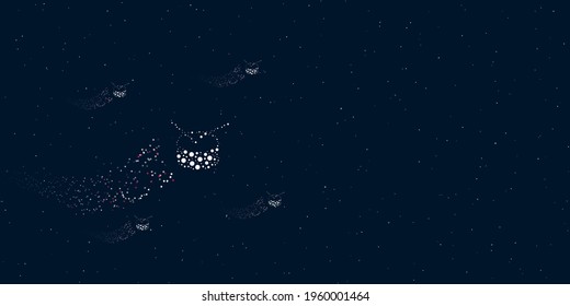 A drum symbol filled with dots flies through the stars leaving a trail behind. Four small symbols around. Empty space for text on the right. Vector illustration on dark blue background with stars