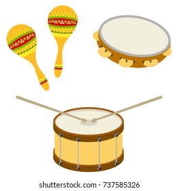 Drum, tambourine, maracas. Musical percussion instruments. Flat design, vector illustration, vector.