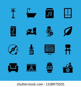 drum, television, shelf, bathtub, leaf, chair, rack, news reporter and smartphone vector icon. Simple icons set