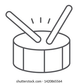 Drum thin line icon, music and beat, percussion instrument sign, vector graphics, a linear pattern on a white background, eps 10.
